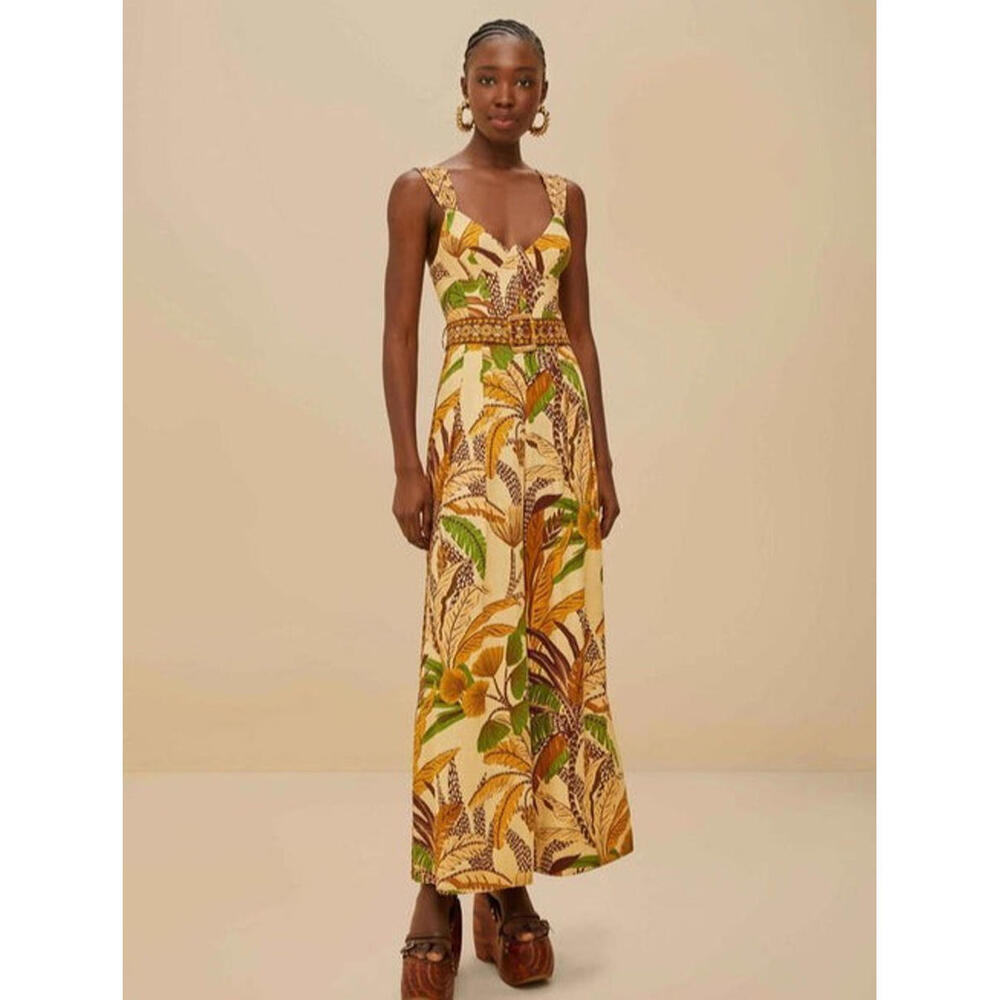 FARM Rio Cream Tropical Print Maxi Jumpsuit with Green & Brown Accents